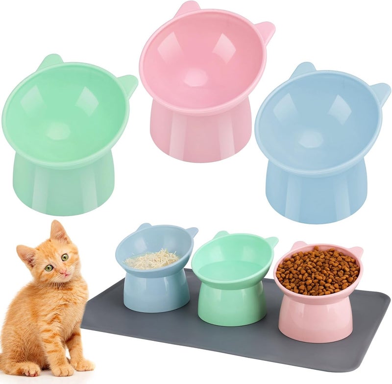 Hoemwarm 3 Pcs Elevated Cat Bowls 15° Raised Cat Bowl with Silicone Mat Whisker Friendly Anti Vomiting Cats Elevated Food and Water Bowls for Indoor Cats Kittens - Image 1